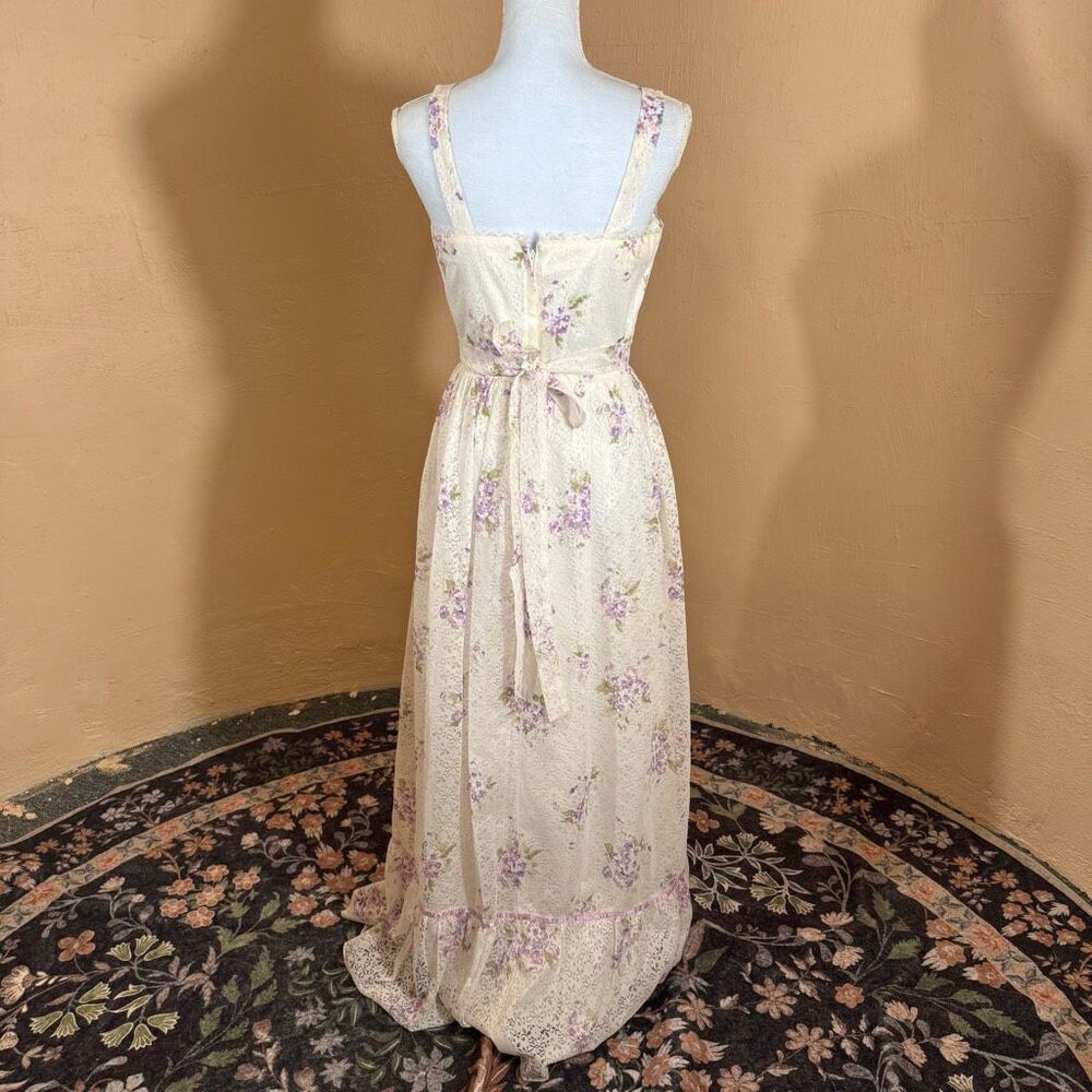 Vintage 70s Floral Prairie Maxi Dress Womens Small Cottagecore Lace Set USA - Picture 4 of 8